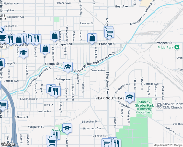 map of restaurants, bars, coffee shops, grocery stores, and more near 1413 Churchman Avenue in Indianapolis