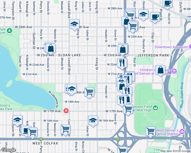 map of restaurants, bars, coffee shops, grocery stores, and more near 2033 Irving Street in Denver
