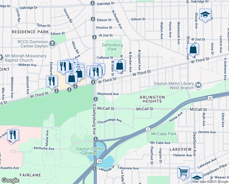 map of restaurants, bars, coffee shops, grocery stores, and more near 50 South Alder Street in Dayton