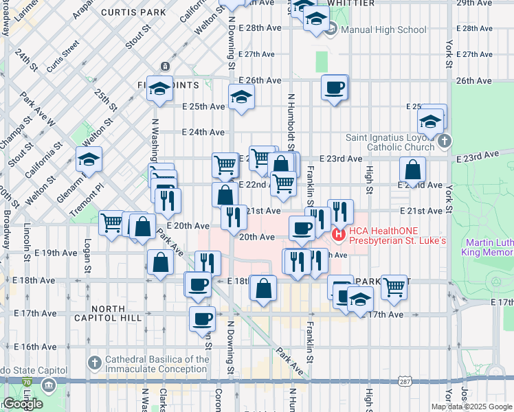 map of restaurants, bars, coffee shops, grocery stores, and more near 2108 North Marion Street in Denver