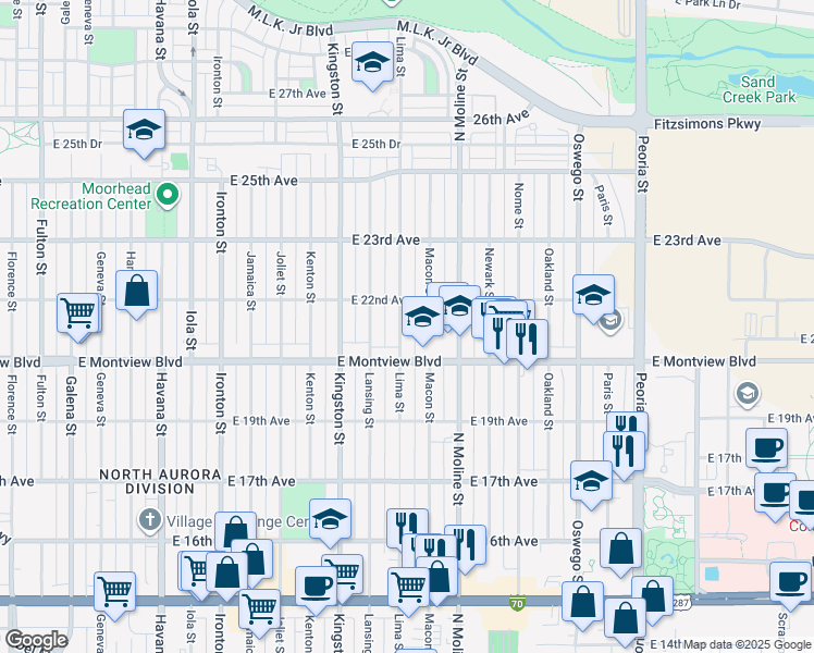map of restaurants, bars, coffee shops, grocery stores, and more near 2050 Lima Street in Aurora