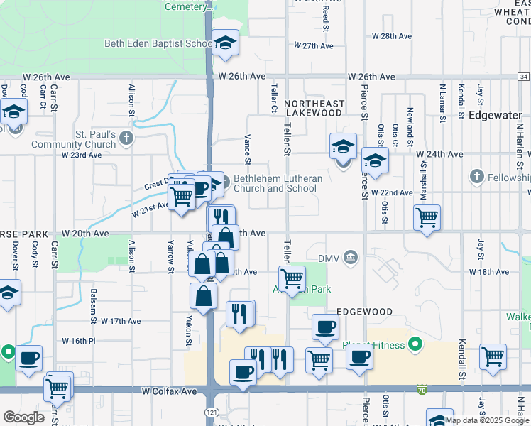 map of restaurants, bars, coffee shops, grocery stores, and more near 7300 West 21st Avenue in Lakewood