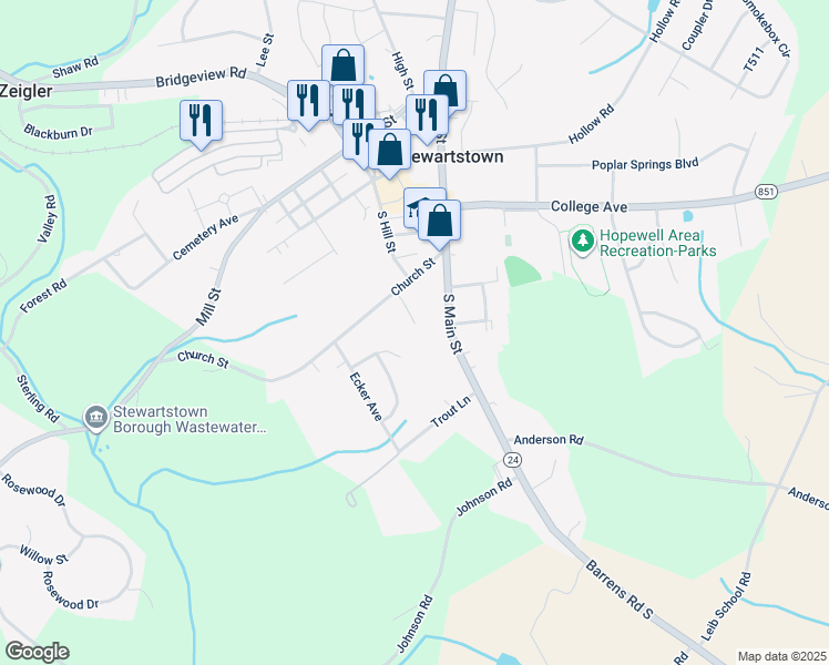map of restaurants, bars, coffee shops, grocery stores, and more near 18 Church St in Stewartstown