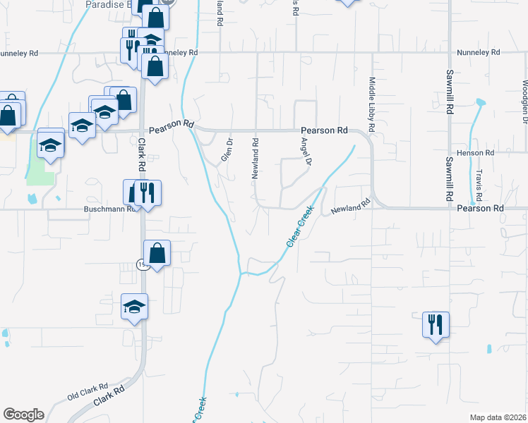map of restaurants, bars, coffee shops, grocery stores, and more near 5535 Garden View Lane in Paradise