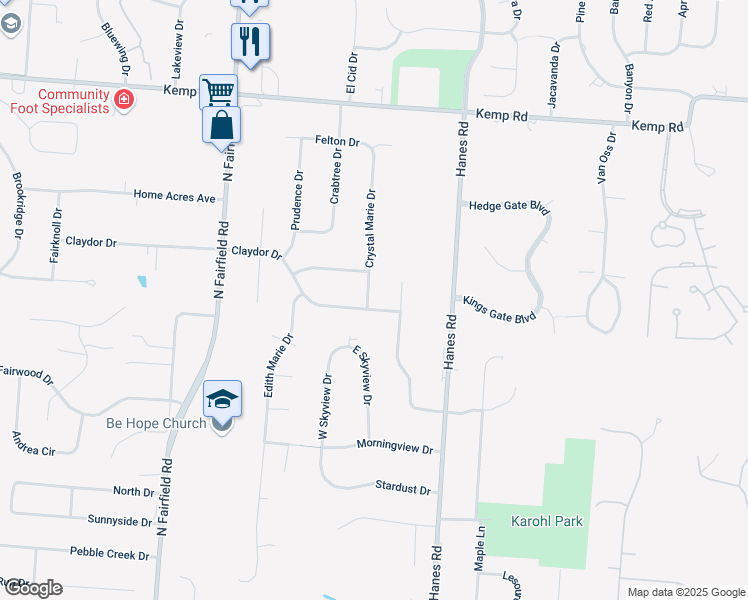map of restaurants, bars, coffee shops, grocery stores, and more near 2030 Crystal Marie Drive in Dayton