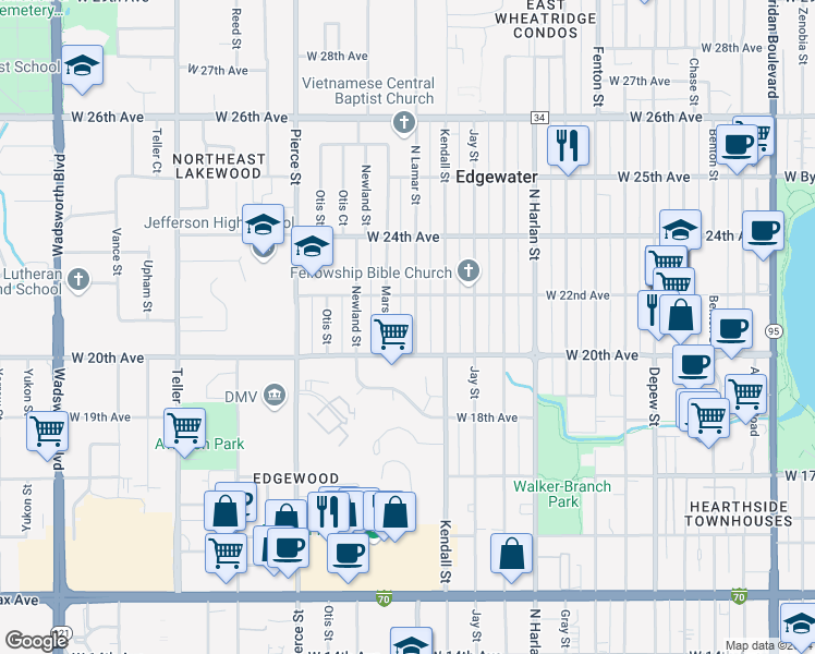 map of restaurants, bars, coffee shops, grocery stores, and more near 2029 North Lamar Street in Edgewater