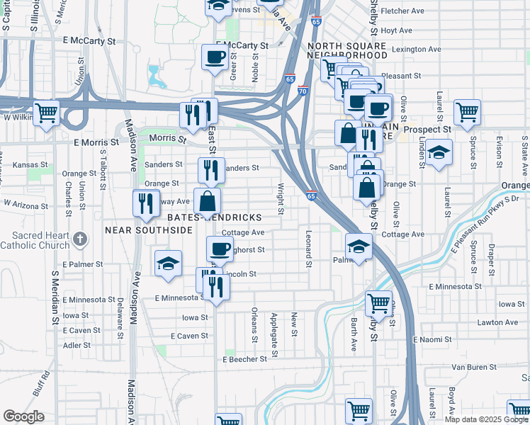 map of restaurants, bars, coffee shops, grocery stores, and more near 730 Terrace Ave in Indianapolis