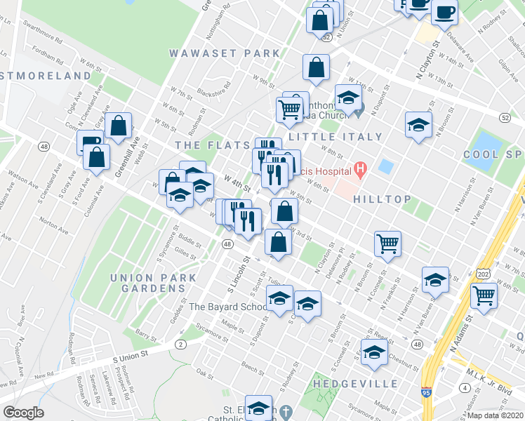 map of restaurants, bars, coffee shops, grocery stores, and more near 1911 West 3rd Street in Wilmington