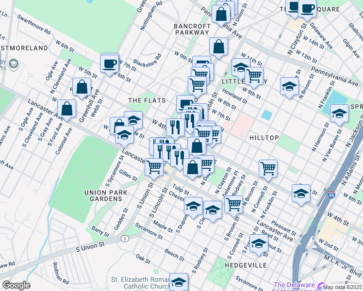 map of restaurants, bars, coffee shops, grocery stores, and more near 1911 West 3rd Street in Wilmington