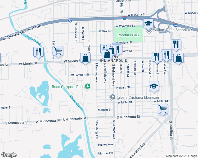 map of restaurants, bars, coffee shops, grocery stores, and more near 1321 South Pershing Avenue in Indianapolis