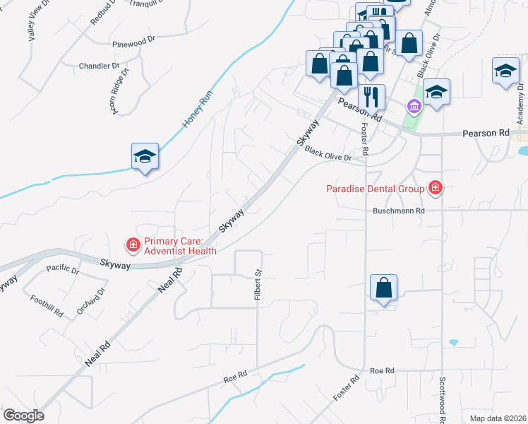 map of restaurants, bars, coffee shops, grocery stores, and more near 5538 Skyway in Paradise