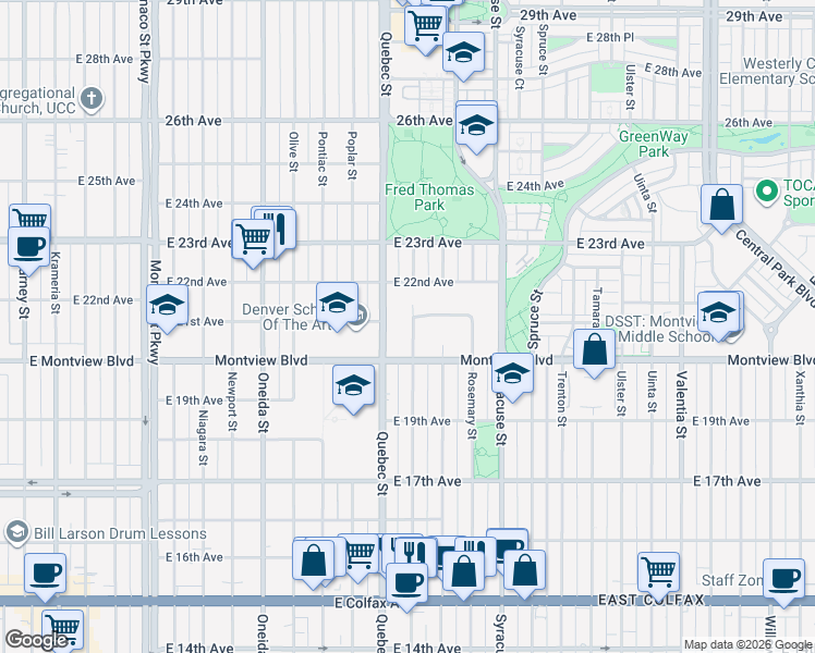 map of restaurants, bars, coffee shops, grocery stores, and more near 2055 Quince Street in Denver