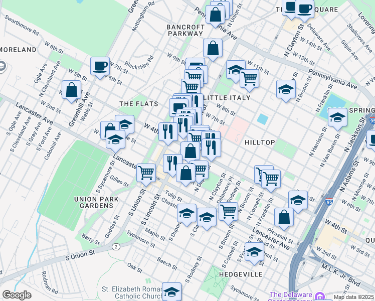 map of restaurants, bars, coffee shops, grocery stores, and more near 1824 West 4th Street in Wilmington
