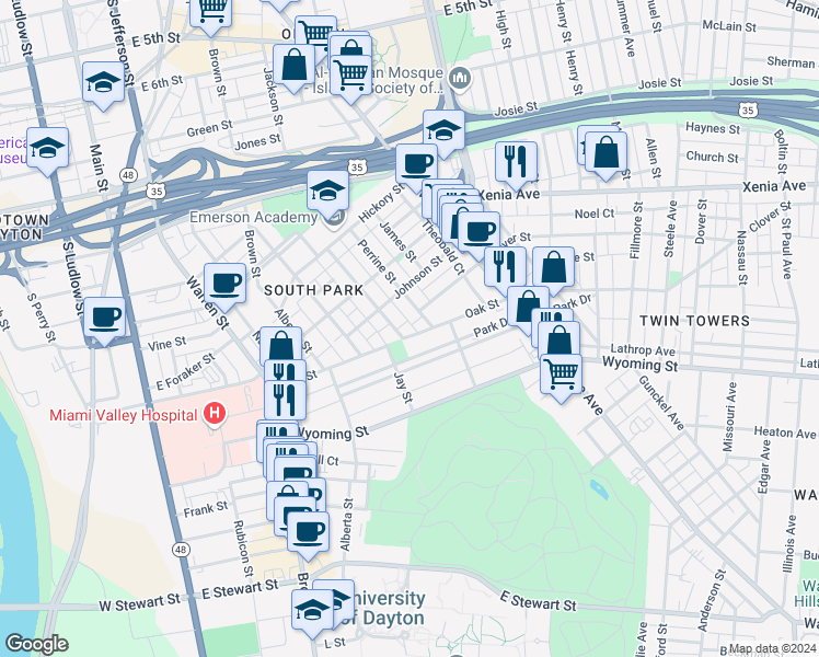 map of restaurants, bars, coffee shops, grocery stores, and more near 509 Oak Street in Dayton