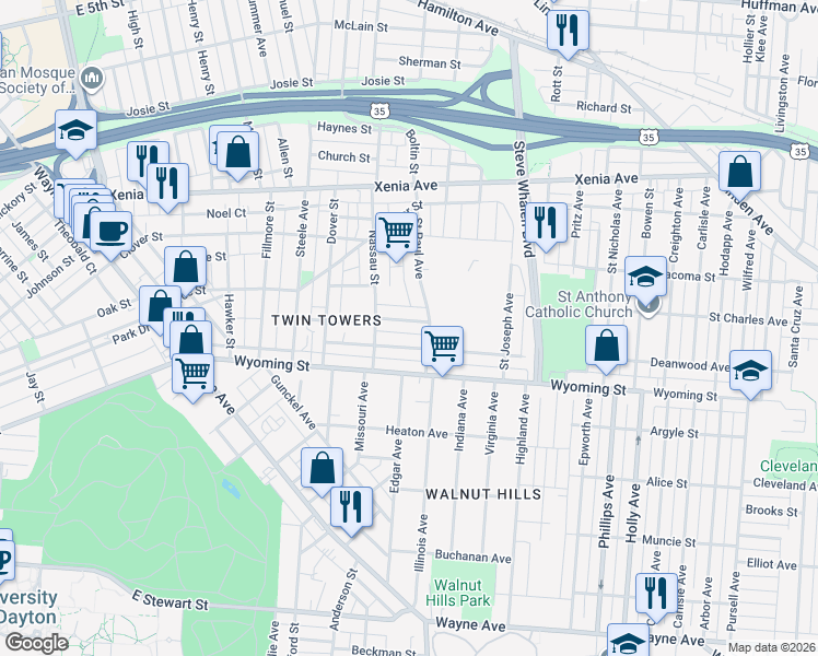 map of restaurants, bars, coffee shops, grocery stores, and more near 1138 Beaumont Avenue in Dayton