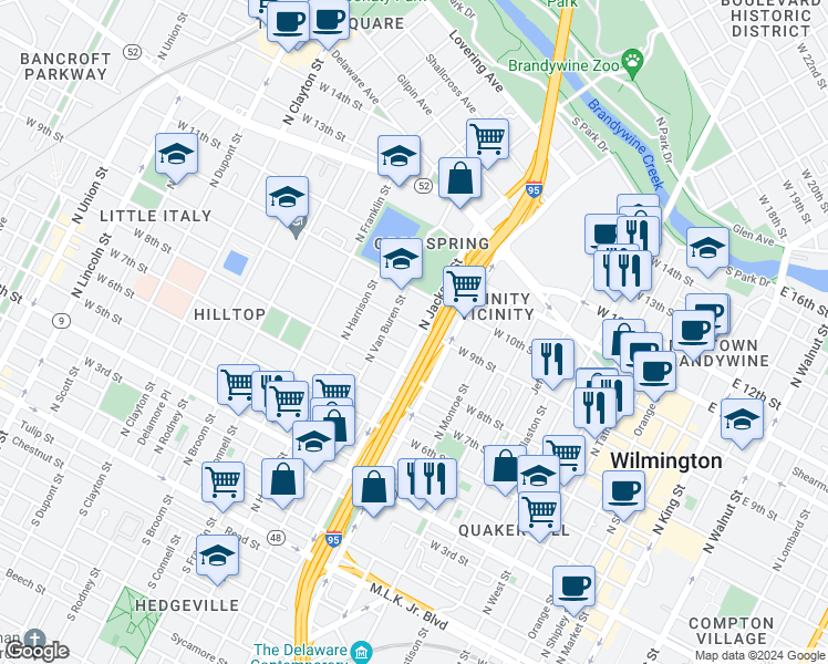 map of restaurants, bars, coffee shops, grocery stores, and more near in Wilmington