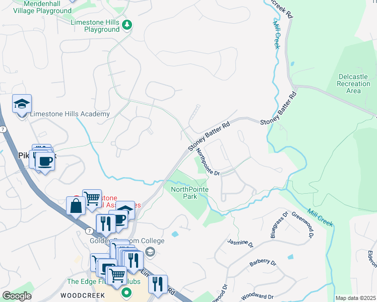map of restaurants, bars, coffee shops, grocery stores, and more near Stoney Batter Road in Wilmington