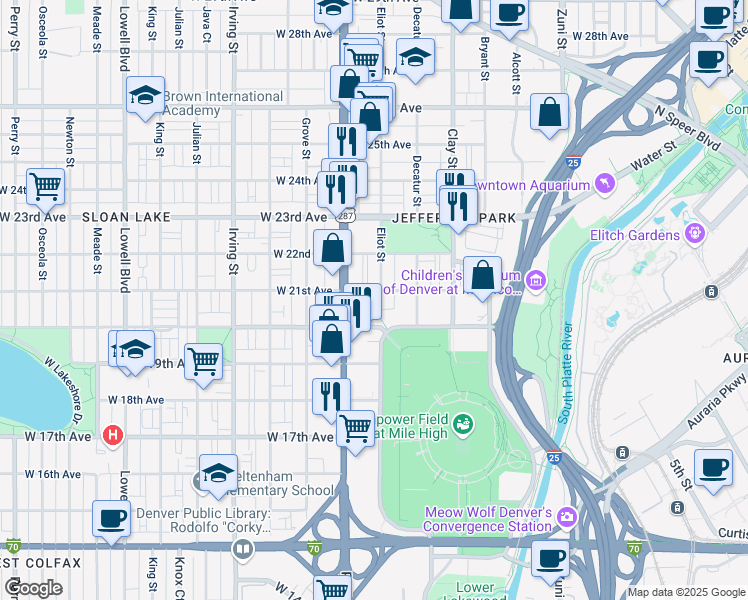 map of restaurants, bars, coffee shops, grocery stores, and more near 2045 Eliot Street in Denver