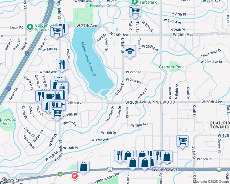 map of restaurants, bars, coffee shops, grocery stores, and more near 2055 Urban Drive in Lakewood