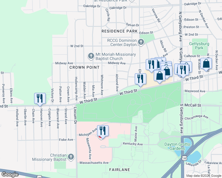 map of restaurants, bars, coffee shops, grocery stores, and more near 4701 Casaba Court in Dayton