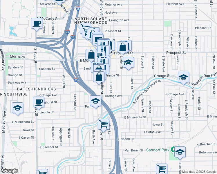 map of restaurants, bars, coffee shops, grocery stores, and more near 1406 Olive Street in Indianapolis