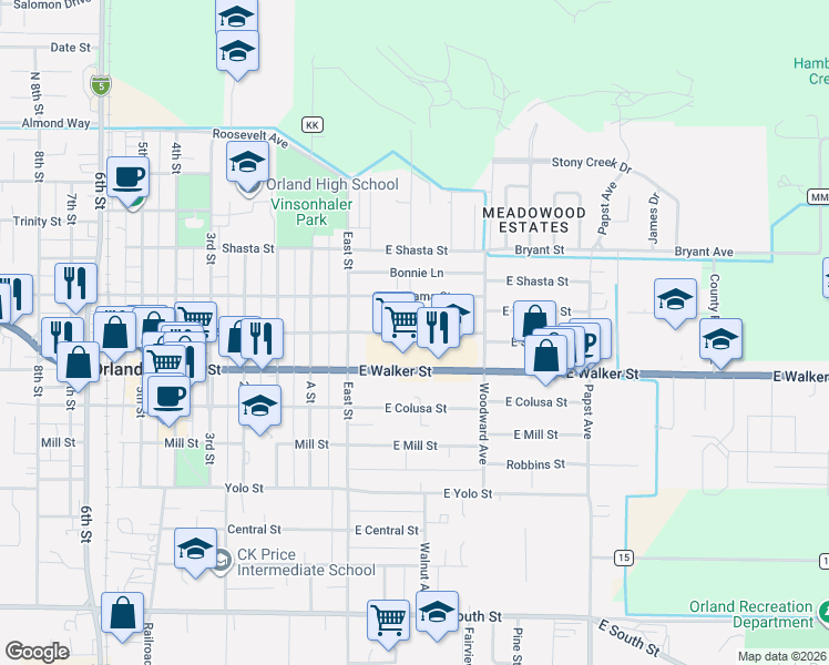 map of restaurants, bars, coffee shops, grocery stores, and more near 132 East Swift Street in Orland