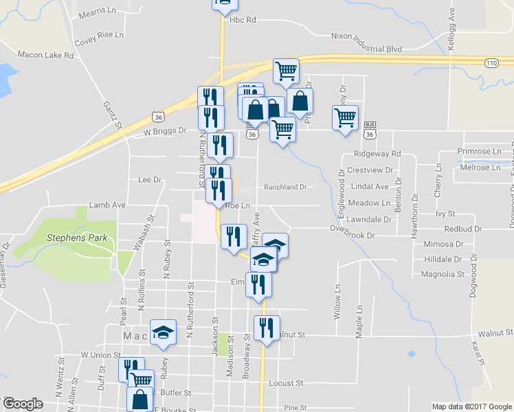 map of restaurants, bars, coffee shops, grocery stores, and more near 588 Roe Lane in Macon