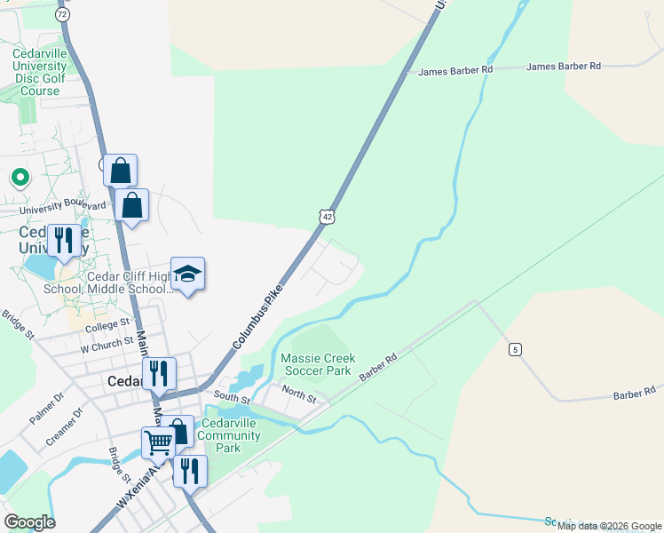map of restaurants, bars, coffee shops, grocery stores, and more near 3395 Cricket Way in Cedarville