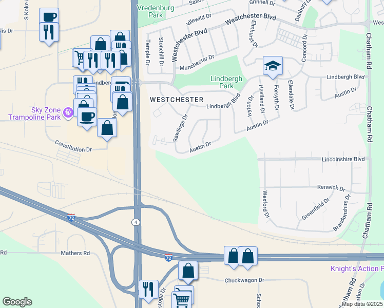 map of restaurants, bars, coffee shops, grocery stores, and more near 2602 Austin Drive in Springfield