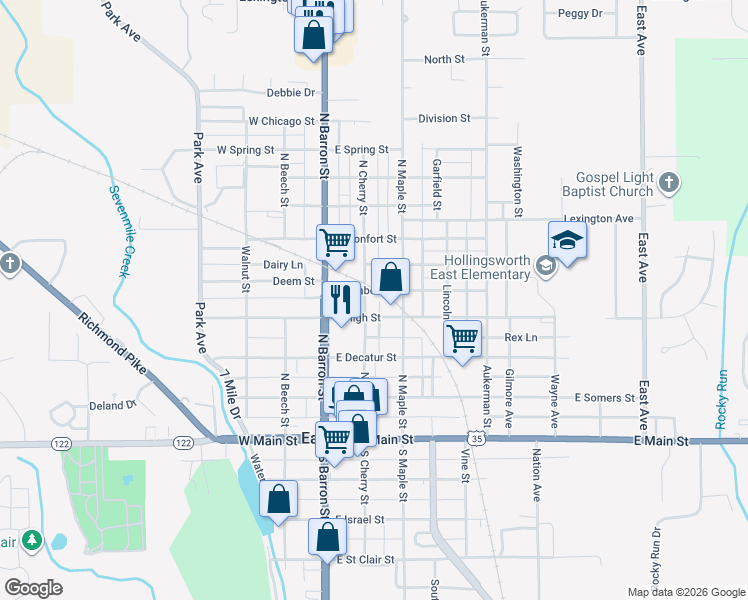 map of restaurants, bars, coffee shops, grocery stores, and more near 410 North Cherry Street in Eaton