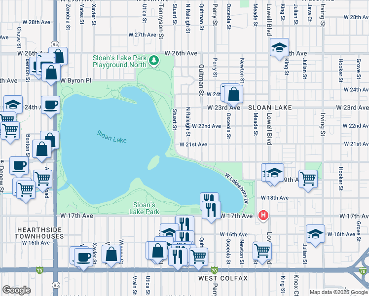 map of restaurants, bars, coffee shops, grocery stores, and more near 2055 Raleigh Street in Denver