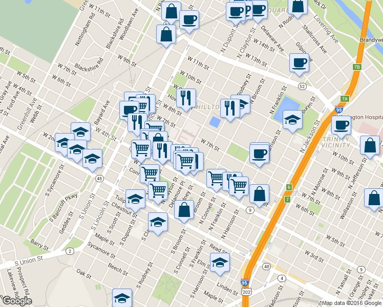 map of restaurants, bars, coffee shops, grocery stores, and more near 524 North Clayton Street in Wilmington