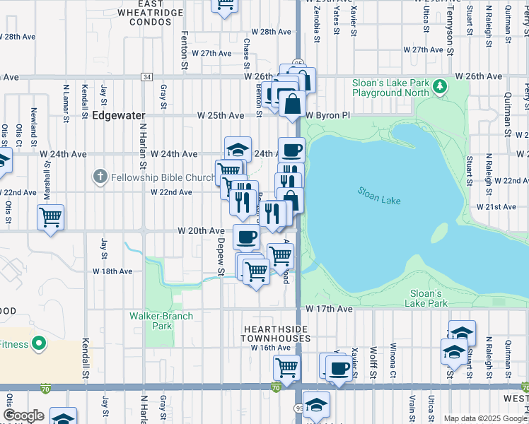 map of restaurants, bars, coffee shops, grocery stores, and more near 2060 Benton Street in Edgewater