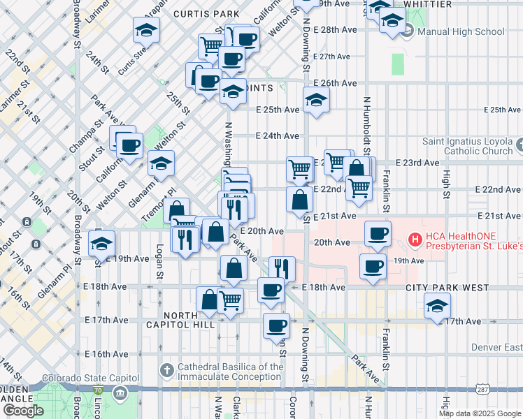 map of restaurants, bars, coffee shops, grocery stores, and more near 2055 Emerson Street in Denver