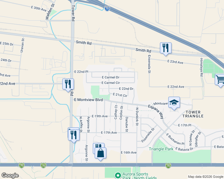 map of restaurants, bars, coffee shops, grocery stores, and more near 19054 East 22nd Drive in Aurora