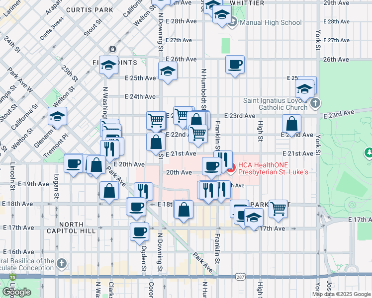 map of restaurants, bars, coffee shops, grocery stores, and more near 2108 North Marion Street in Denver