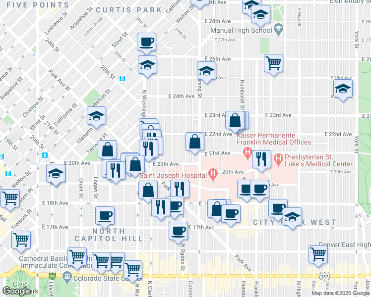 map of restaurants, bars, coffee shops, grocery stores, and more near 2046 North Ogden Street in Denver