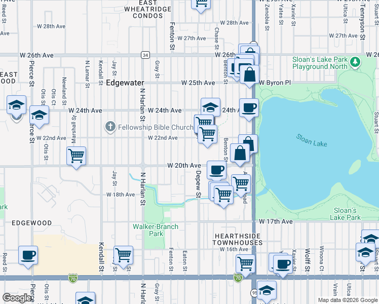 map of restaurants, bars, coffee shops, grocery stores, and more near 2030 Eaton Street in Edgewater