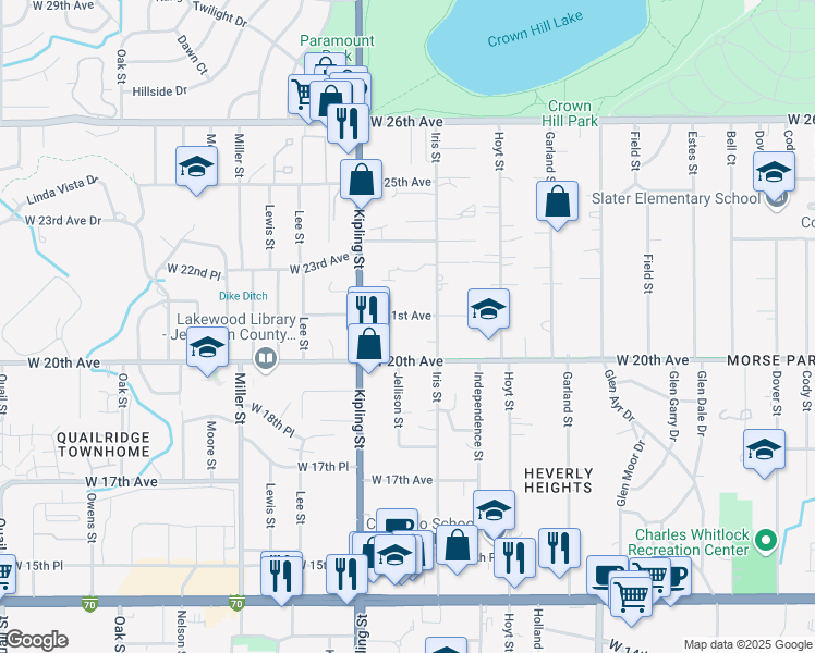 map of restaurants, bars, coffee shops, grocery stores, and more near 9840 West 21st Avenue in Lakewood