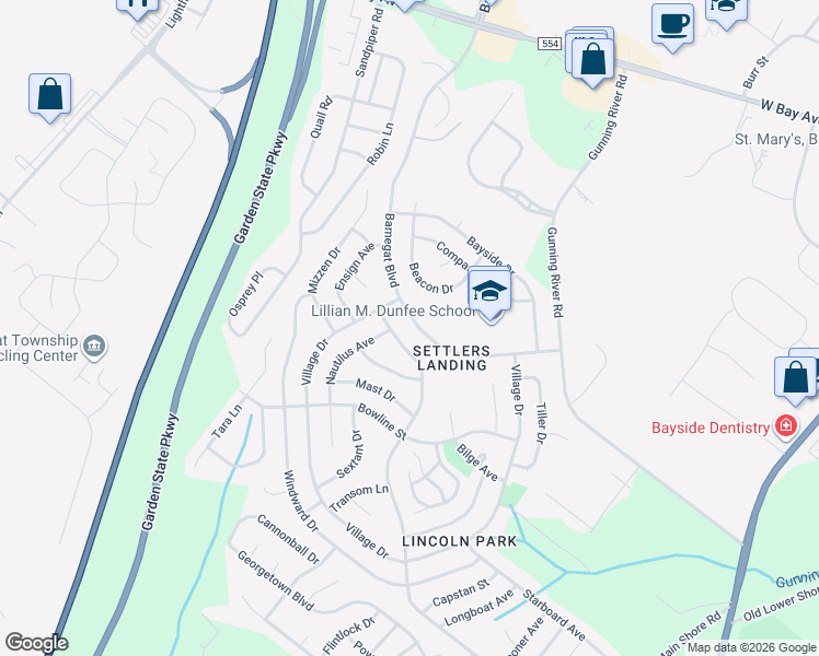 map of restaurants, bars, coffee shops, grocery stores, and more near 115 Barnegat Boulevard in Barnegat Township