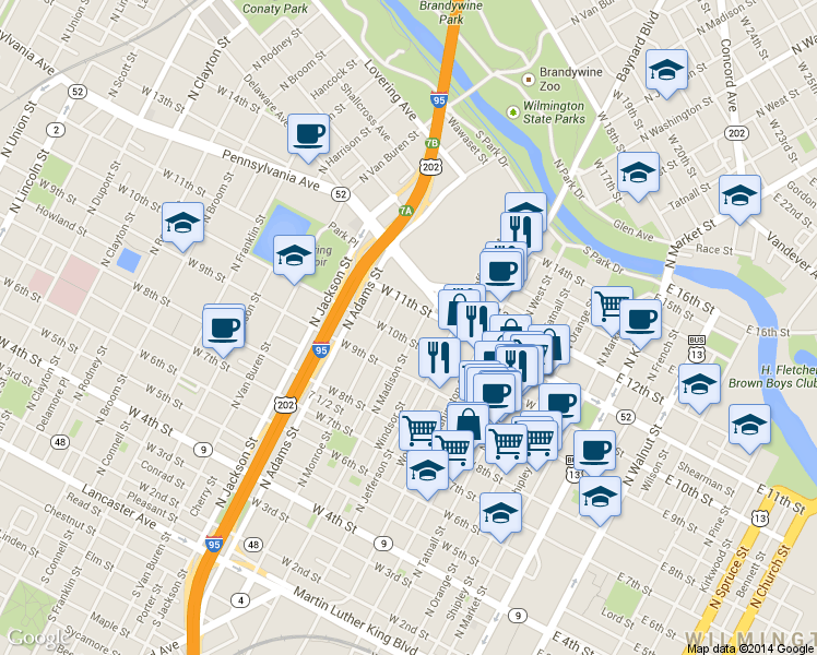 map of restaurants, bars, coffee shops, grocery stores, and more near 612W West 11th Street in Wilmington