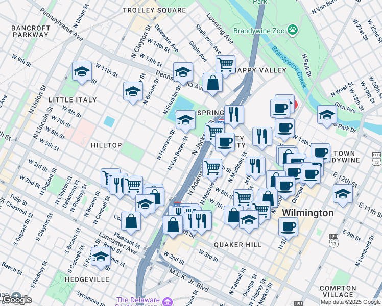 map of restaurants, bars, coffee shops, grocery stores, and more near in Wilmington