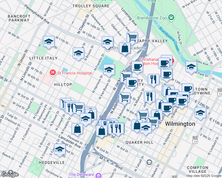 map of restaurants, bars, coffee shops, grocery stores, and more near in Wilmington