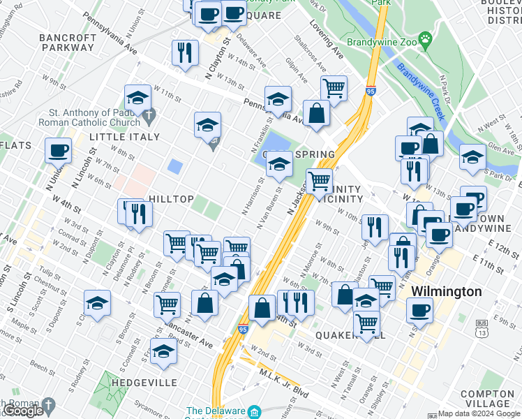 map of restaurants, bars, coffee shops, grocery stores, and more near 815 North Van Buren Street in Wilmington