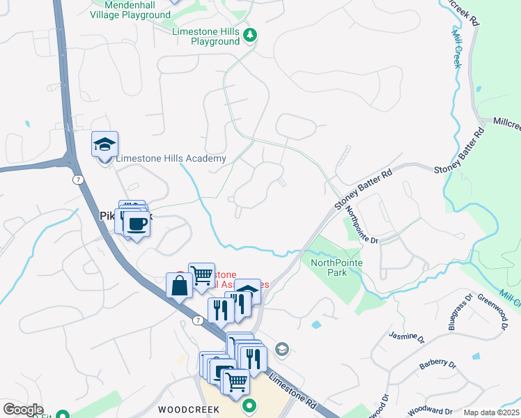 map of restaurants, bars, coffee shops, grocery stores, and more near 214 Steeplechase Circle in Wilmington