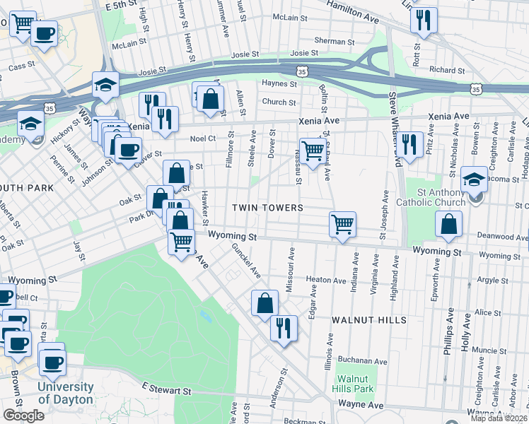 map of restaurants, bars, coffee shops, grocery stores, and more near 201 Dover Street in Dayton