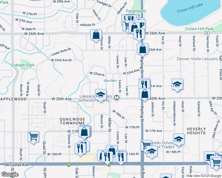 map of restaurants, bars, coffee shops, grocery stores, and more near 2085 Miller Street in Lakewood