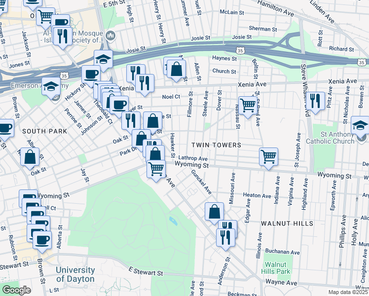 map of restaurants, bars, coffee shops, grocery stores, and more near 245 Fillmore Street in Dayton