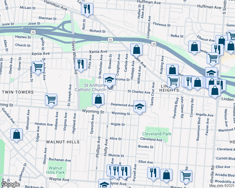 map of restaurants, bars, coffee shops, grocery stores, and more near 812 Creighton Avenue in Dayton