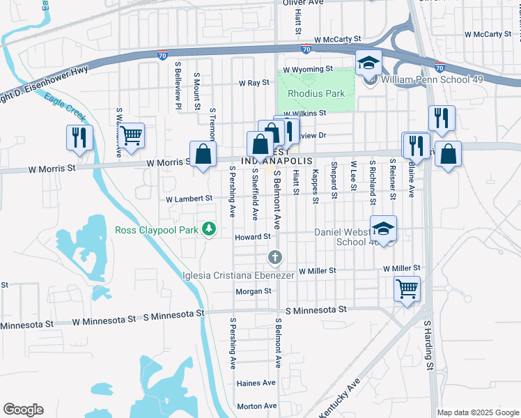 map of restaurants, bars, coffee shops, grocery stores, and more near 1321 South Sheffield Avenue in Indianapolis